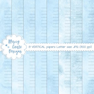 8 papéis VERTICAIS pautados e tingidos de azul, uso comercial OK para diários IMPRESSOS, planejadores, adesivos, scrapbooking, cartões, etiquetas, artesanato em papel, etc.