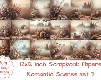 Set 3: Romantic Scenes 12x12 inch Digital Scrapbook Paper for scrapbooking, card making, paper crafts, planners, journals, printables, CU OK