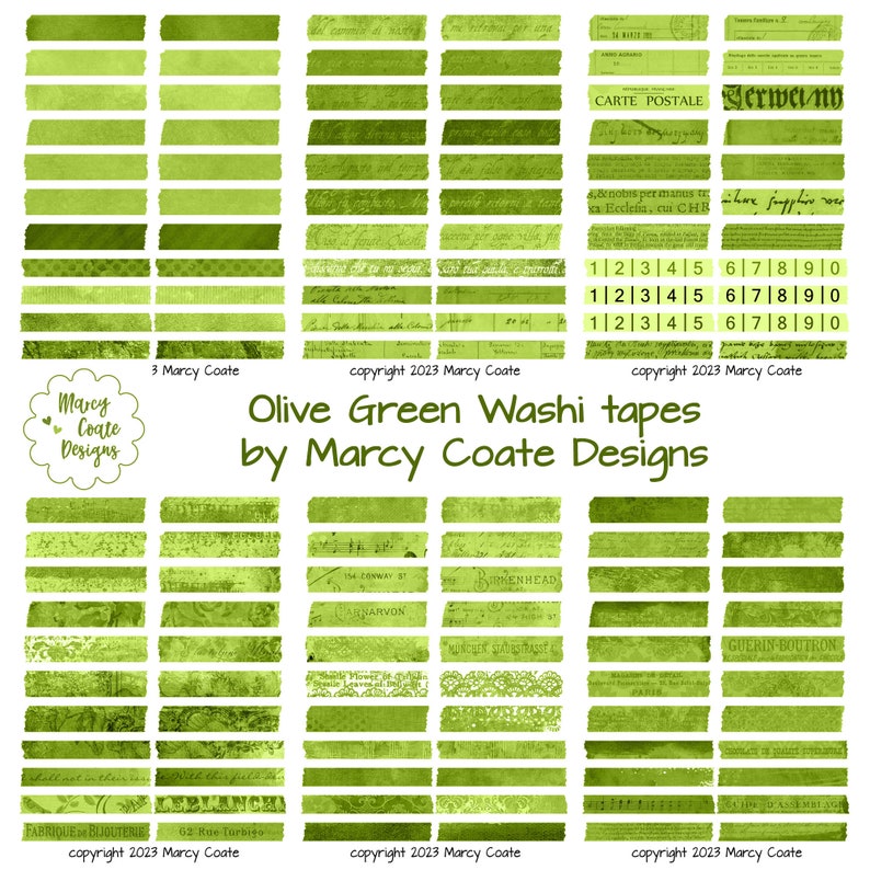 May include: A set of 30 olive green washi tapes with various patterns and textures. The tapes feature vintage-inspired designs, including numbers, text, and floral patterns. The tapes are labeled "Olive Green Washi tapes by Marcy Coate Designs".