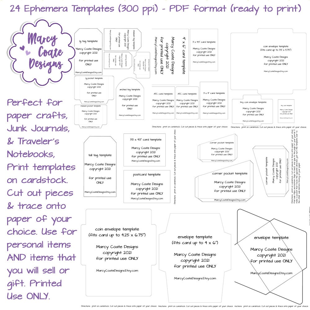 set of 24 ephemera templates pdf tag template envelope etsy