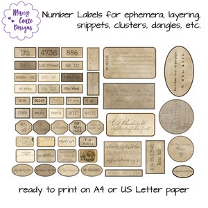 May include: A set of printable vintage-style number labels in various shapes and sizes. The labels are printed on a beige background with black text. The labels include numbers, addresses, and other text.