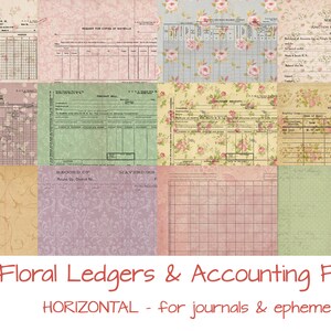 Conjunto de 12 livros-razão e formulários contábeis HORIZONTAIS florais, uso comercial OK para diários IMPRESSOS, planejadores, cartões, etiquetas, artesanato em papel, etc.
