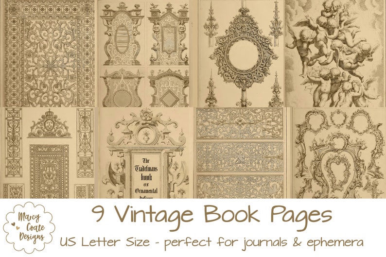 9 Printable Collage Papers from vintage books, commercial use OK for PRINTED journals, planners, scrapbooking, tags, paper crafts, cards image 1