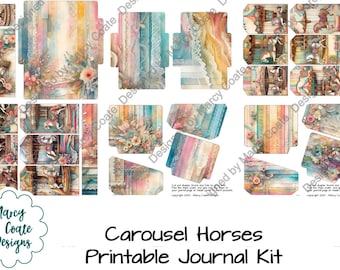 Carousel Horses Journal Ephemera, junk journal, scrapbook, card making, paper crafts, includes tags, journal cards, labels, fussy cuts, etc.