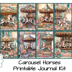 Carousel Horses Journal Pages, junk journal, scrapbook, card making, paper crafts, includes 12 pages of beautiful horses in carnival setting