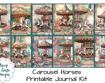 Carousel Horses Journal Pages, junk journal, scrapbook, card making, paper crafts, includes 12 pages of beautiful horses in carnival setting