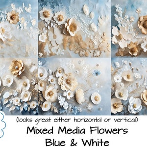 Conjunto de 18 papéis para impressão de fundos de flores de mídia mista, uso comercial OK para diários POD e IMPRESSOS, planejadores, cartões, etiquetas, artesanato em papel