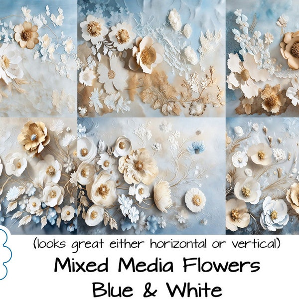 Mixed Media Flowers backgrounds printable papers set of 18, commercial use OK for POD & PRINTED journals, planners, cards, tags, paper craft