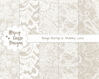 Beige Burlap & Lace digital papers for scrapbooking, card making, paper crafts, planner, journal, commercial use OK for printed items only