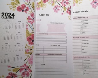 2024 Pink Floral Planner for Women, printable, includes 27 pgs, 2 pgs of tabs (with words & blank), monthly, weekly, daily, budget, goals