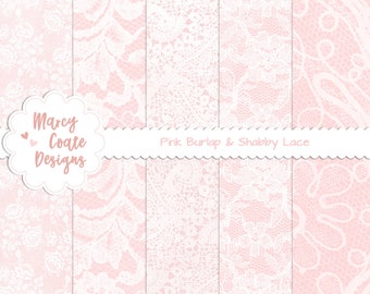 Pink Burlap & Lace digital papers for scrapbooking, card making, paper crafts, planner, journal, commercial use OK for printed items only