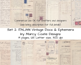 ITALIAN Vintage Documents & Ephemera Set 2, to print for journals, card making, tags, planners, mixed media, scrapbooks, paper crafts etc.