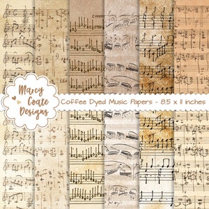 Conjunto de 12 papéis musicais HORIZONTAIS tingidos com café, uso comercial OK para diários IMPRESSOS, planejadores, álbuns de recortes, cartões, etiquetas, artesanato em papel, etc.