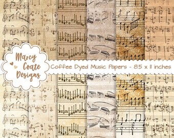Coffee Dyed HORIZONTAL Music Papers set of 12, commercial use OK for PRINTED journals, planners, scrapbooks, cards, tags, paper crafts, etc