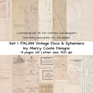 Op de afbeelding: Een collage van 14 vintage Italiaanse documenten en ephemera, waaronder handgeschreven brieven, kaarten en bonnetjes. De documenten zijn in verschillende tinten beige en crème, met zwarte inkt. De tekst bevat de woorden "Set I: ITALIAN Vintage Docs & Ephemera by Marcy Coate Designs 14 pages, US Letter size, 300 dpi".