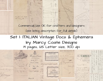 ITALIAN Vintage Documents & Ephemera Set 1, to print for journals, card making, tags, planners, mixed media, scrapbooks, paper crafts etc.