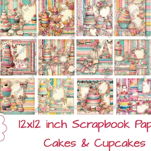 Bolos e cupcakes 12x12 papéis de scrapbook digital para scrapbooking, fabricação de cartões, artesanato em papel, planejadores, diários, imprimíveis, CU OK