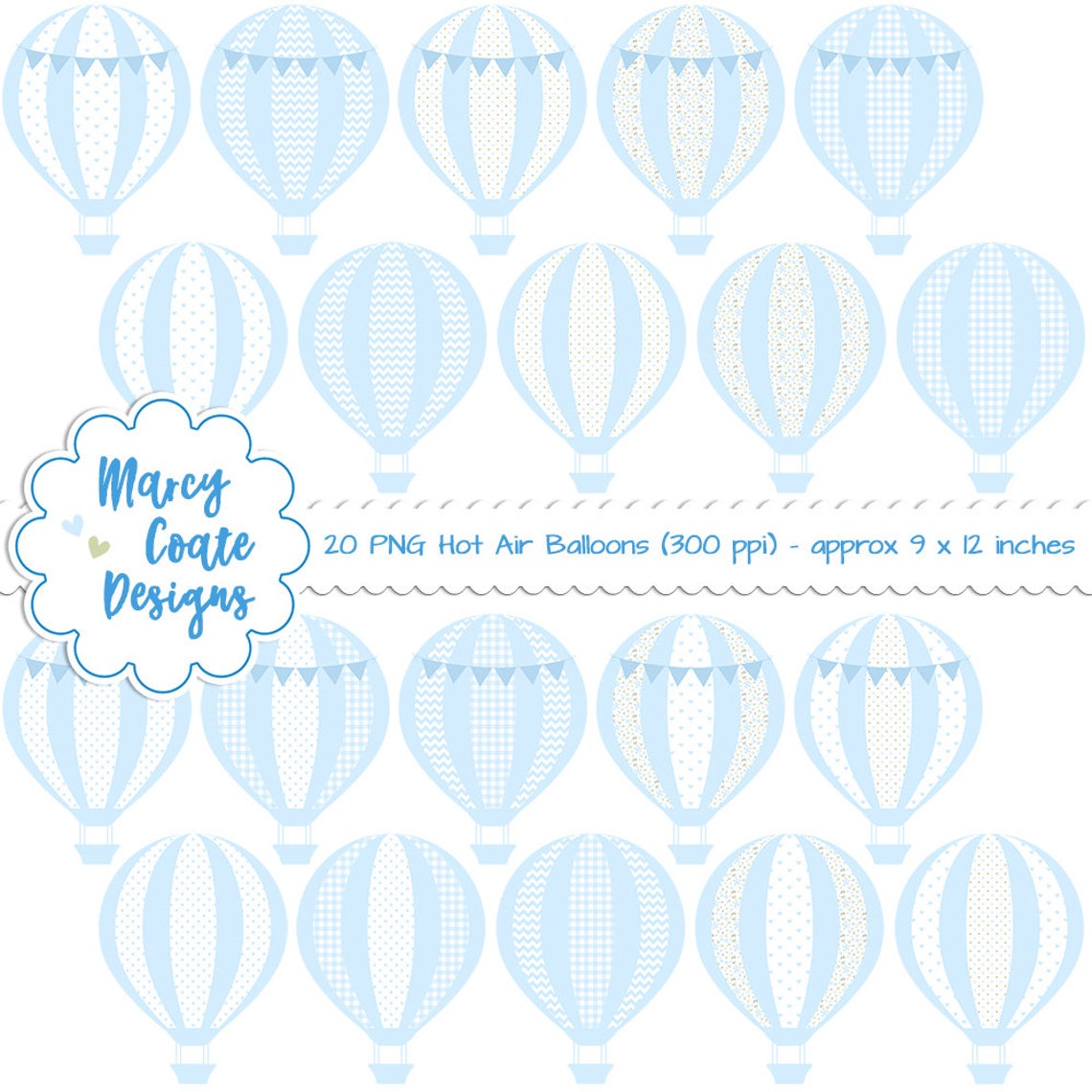 Baby Blue Hot Air Balloon Clipart PNG Baby Boy Baby Shower - Etsy