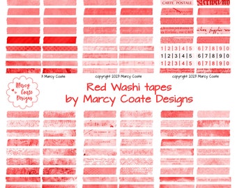 Red Washi Tape, PRINTABLE washi strips, washi stickers - junk journal, scrapbook, planner, layering, snippets, clusters, ephemera