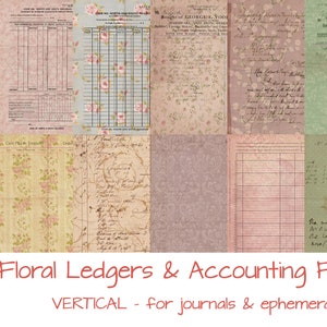 Floral Ledgers & Accounting Forms set van 12, commercieel gebruik OK voor GEDRUKTE tijdschriften, planners, scrapbooking, kaarten, tags, papierambachten, enz