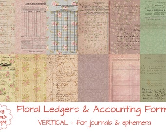 Floral Ledgers & Accounting Forms set of 12, commercial use OK for PRINTED journals, planners, scrapbooking, cards, tags, paper crafts, etc