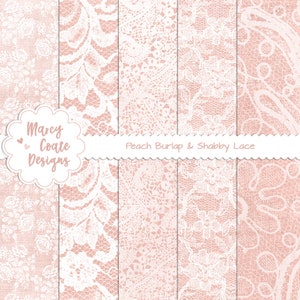 Papéis digitais Peach Burlap & Lace para scrapbooking, confecção de cartões, artesanato em papel, planejador, diário, uso comercial OK apenas para itens impressos