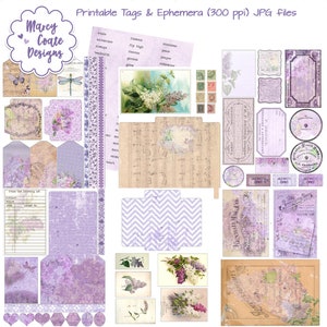 Etiquetas, bolsillos y objetos efímeros imprimibles de lilas en tonos lavanda, rosa y marrón para diarios basura, planificadores, álbumes de recortes, tarjetas, artesanías en papel