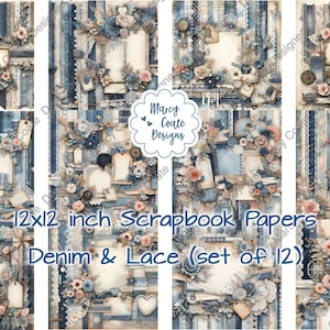 Papéis de scrapbook digital jeans e renda de 12 x 12 polegadas para scrapbooking, fabricação de cartões, artesanato em papel, planejador, diário, imprimíveis, CU OK ler os termos