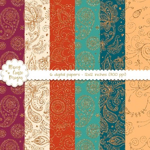 Set di carte digitali Boho Paisley Glitter Boho Gypsy di 6 sfondi, 12 X 12 pollici, 300 ppi, teal, turchese, Bordeaux, avorio, giallo, ruggine