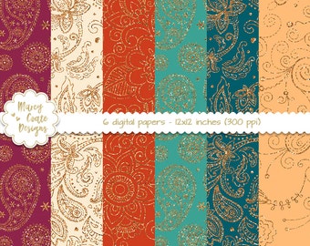 Boho Paisley Glitter Bohemian Gypsy digital papers set of 6 backgrounds, 12X12 inch, 300 ppi, teal, turquoise, burgundy, ivory, yellow, rust