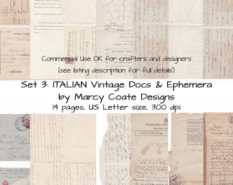 ITALIAN Vintage Documents & Ephemera Set 3, to print for journals, card making, tags, planners, mixed media, scrapbooks, paper crafts etc.