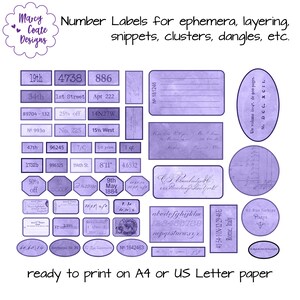 May include: A collection of vintage-style number labels in various shapes and sizes, printed in shades of purple. The labels include numbers, text, and other design elements, ready to print on US Letter paper.