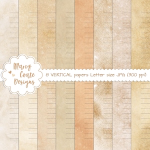 8 papéis VERTICAIS tingidos com café pautados, uso comercial OK para diários IMPRESSOS, planejadores, adesivos, álbuns de recortes, cartões, etiquetas, artesanato em papel etc.