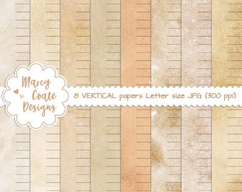 8 Lined Coffee Dyed VERTICAL Papers, commercial use OK for PRINTED journals, planners, stickers, scrapbooks, cards, tags, paper crafts etc