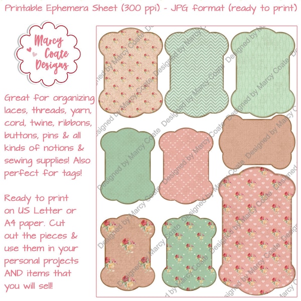 Spool Cards Printable Ephemera Sheet Peach & Green patterns for organizing sewing notions, thread, ribbon, lace, buttons, bobbin card, etc.