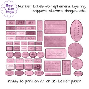 May include: A set of pink printable labels with various numbers, text, and designs. The labels are ready to print on A4 or US Letter paper. Some of the labels include: 19th, 4738, 886, 34th, 1st Street, Apt 222, 89704-132, 25% off, Nº 993a, No. 225, 14N27W, 15% West, 47th, 96245, 7/C, 1/2 price, 1 qt, 1732b, 996325, 114th St., 811", 4.6532, 50% off, 12 o'clock, 9th May 1884, 606014, Bentenpe 82 22, 187, Nº 1642463, 41-54-10N-12-29-46E, Rome, Italy, 62 Rue Turbigo, PARIS.