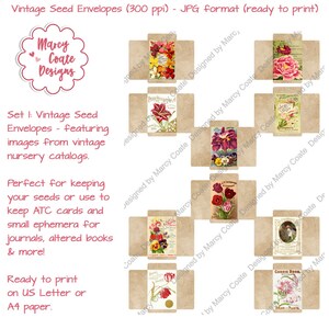 Printable Vintage Seed Envelopes Set 1 with images from old seed catalogs for paper crafts, junk journals, planners, scrapbooks, cards, etc.