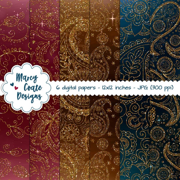 Paisley Glitter Digital Papers, arrière-plans, brun chocolat, or, rouge vin, sarcelle, turquoise, album, fabrication de cartes, planificateurs, imprimables