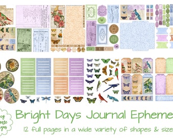 Bright Days Journal Ephemera, junk journal, scrapbook, card making, paper crafts, includes tags, journal cards, labels, fussy cuts & more