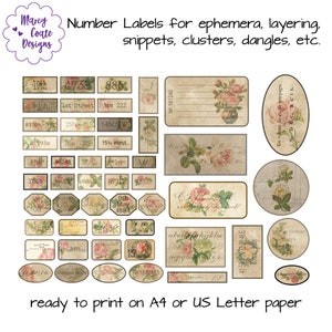 Ausdruckbare Zahlenetiketten mit shabby floralen Motiven, Junk Journal, Ephemera, Scrapbook, Kartenherstellung, Layering, Ausschnitte, Cluster, Baumeln