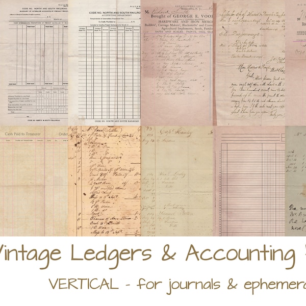 Vintage Ledgers & Accounting Forms set of 12, commercial use OK for PRINTED journals, planners, scrapbooking, cards, tags, paper crafts, etc