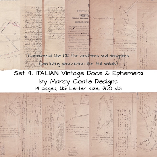 ITALIAN Vintage Documents & Ephemera Set 4, to print for journals, card making, tags, planners, mixed media, scrapbooks, paper crafts etc.