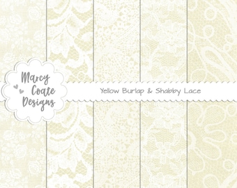 Yellow Burlap & Lace digital papers for scrapbooking, card making, paper crafts, planner, journal, commercial use OK for printed items only