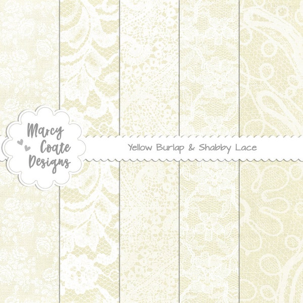 Yellow Burlap & Lace digital papers for scrapbooking, card making, paper crafts, planner, journal, commercial use OK for printed items only