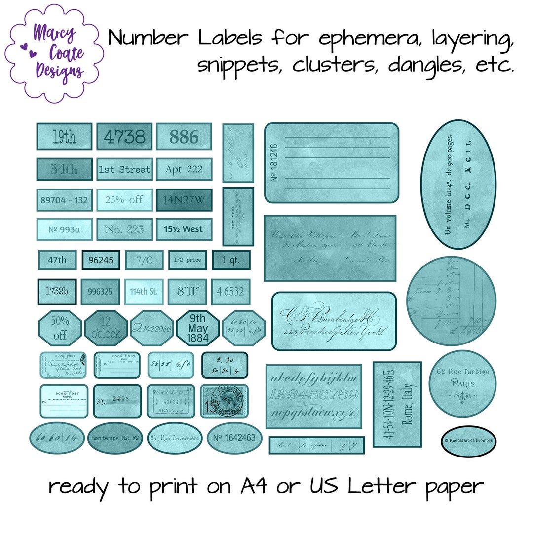 Teal Printable Number Labels With Vintage Backgrounds, Junk Journal ...