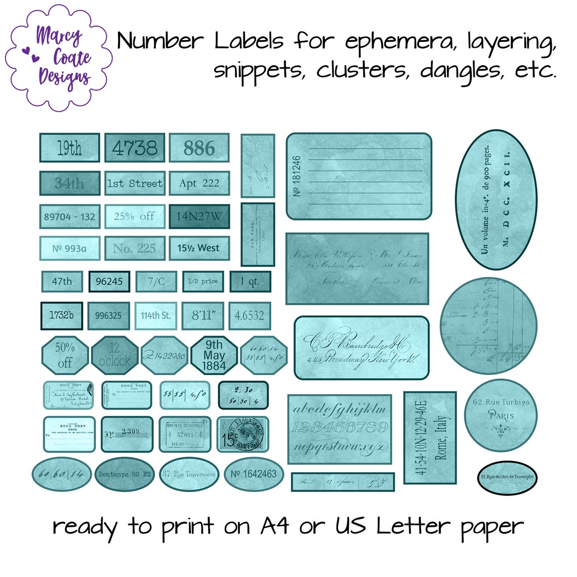 Teal Printable Number Labels With Vintage Backgrounds, Junk Journal ...