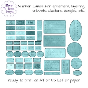 Può includere: Un set di etichette stampabili di colore azzurro chiaro con vari numeri, testo e disegni. Le etichette sono pronte per essere stampate su carta A4 o formato lettera americano. Le etichette includono numeri, date, indirizzi e altro testo.