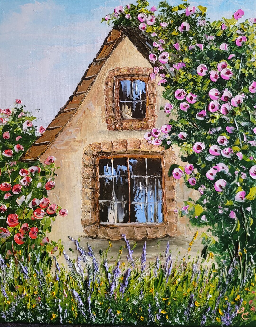 Impasto Oil Painting Cottage Garden Wall Art, Original Floral House ...