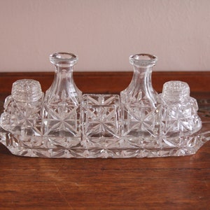 Lovely Vintage Glass Cruet/Condiment Set on Boat Shaped Tray