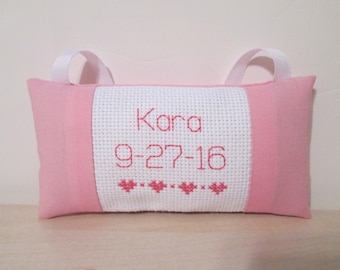 Personalized Baby Birth Date Cross Stitch Pillow, Nursery Decor, Room Sign, Door Hanger